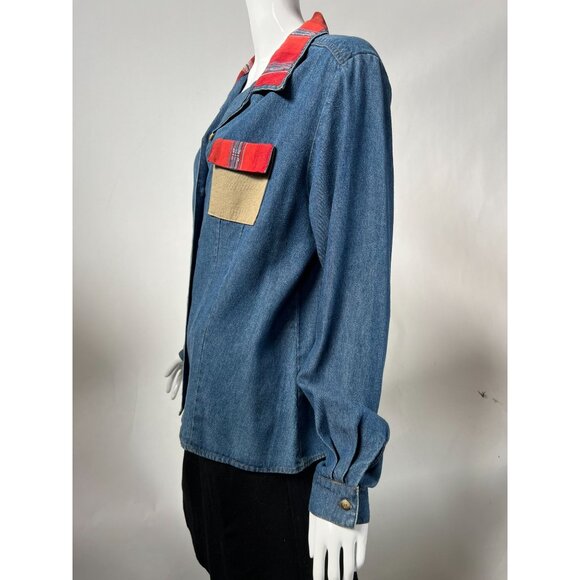 Vintage Denim Shirt With Red Plaid Collar & Pocket Button-Up Size M/L By Thoma 1 - Picture 10 of 16